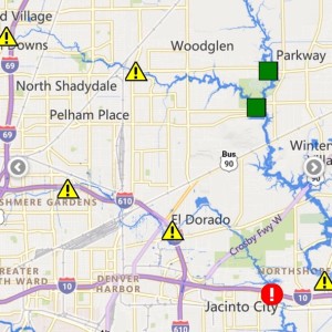 The Flood Warning System map and the stream elevation sensor on Monday, July 8 at 12:19pm for northeast Houston showing possible flooding at Huntington and Halls Bayous.