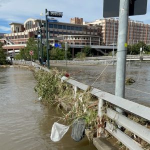 Houston Public Works reported 154,000 gallons of wastewater spilled at 800 Commerce St. The Milam Bridge @ Commerce St, seen here, is covered with a shallow layer of water while the bayou waters rush below the bridge.